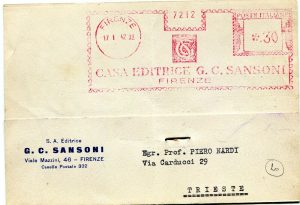 Lee más sobre el artículo c. affrancatura meccanica FIRENZE CASA EDITRICE G.C.SANSONI del 1942 per Trieste